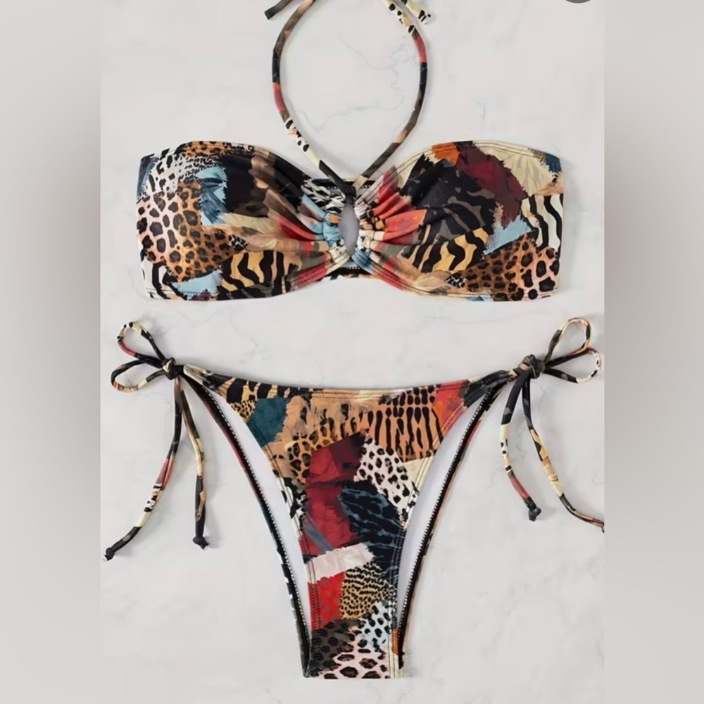 Multicolor Animal Print Side Tie Bikini Set